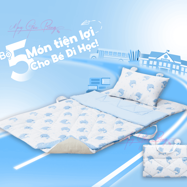 Bộ chăn gối mầm non theo yêu cầu – may tên bé hoặc logo trường